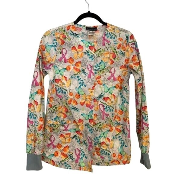 Cherokee Womens XS Floral & Pink Ribbon Print Scrub Top 97% Cotton - Picture 1 of 7